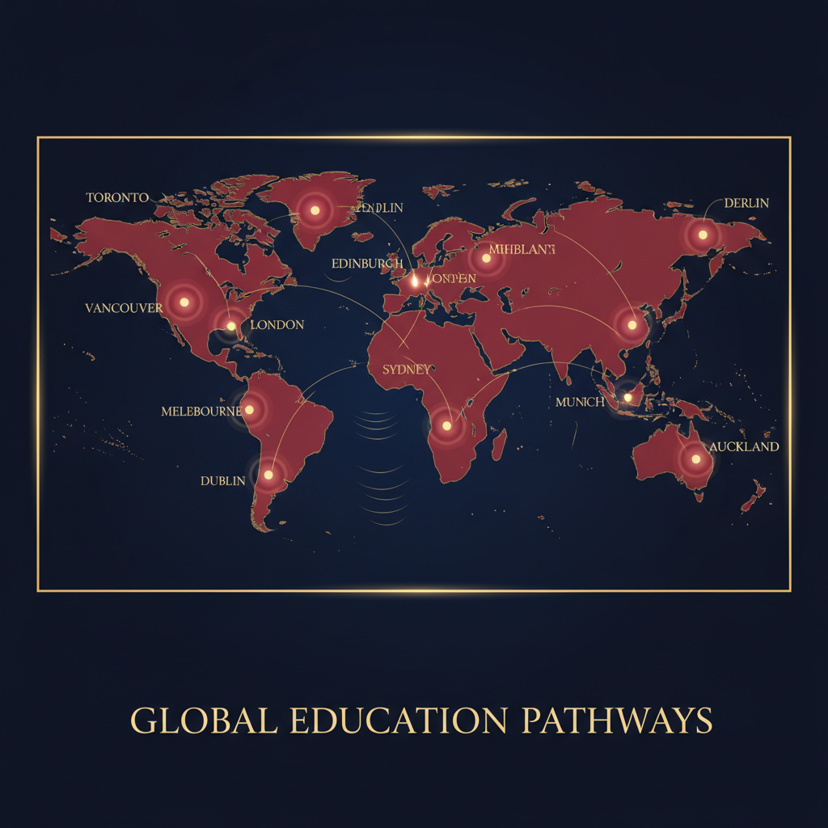 World map highlighting famous international student destination cities including Toronto, London, Sydney, Melbourne, Auckland, Berlin, Munich and Dublin